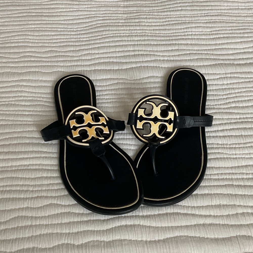 Tory Burch Black and Gold Miller Thong Sandals